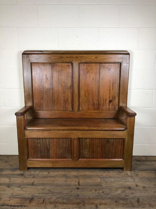 High Back Pitch Pine Settle Bench with Under Seat Storage