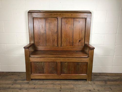 fig 1. High Back Pitch Pine Settle Bench with Under Seat Storage