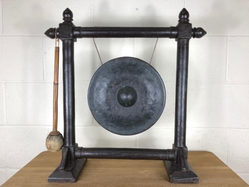 Bronze Table Gong with Hammer on Wooden Frame