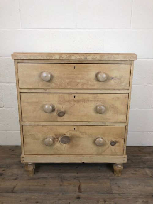 fig 1. Small Antique Stripped Pine Three Drawer Chest of Drawers
