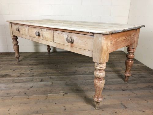 Large Antique Pine Farmhouse Table with Three Drawers