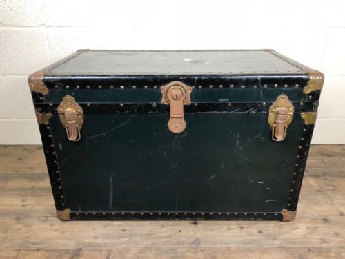 Early 20th Century Brass Bound Black Travelling Trunk
