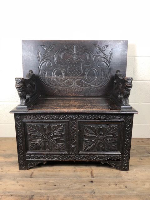 Heavily Carved Antique Oak Monk’s Bench with Under Seat Storage