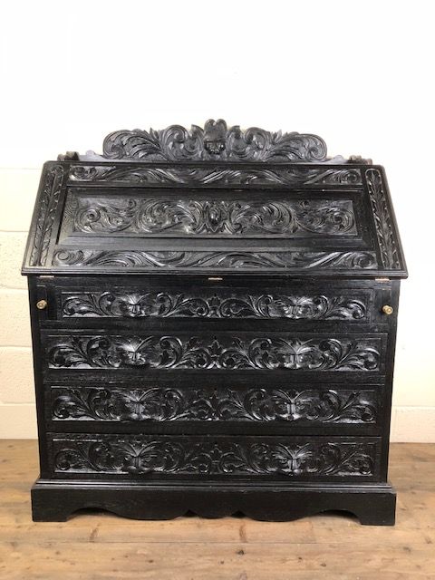 Antique Oak Black Painted Gothic Green Man Bureau