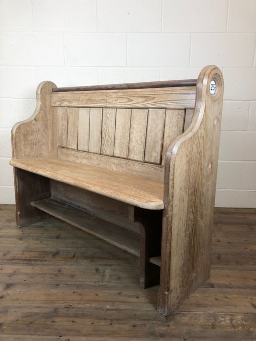Stripped 4ft Pitch Pine Chapel Pew with Enamel Numbers