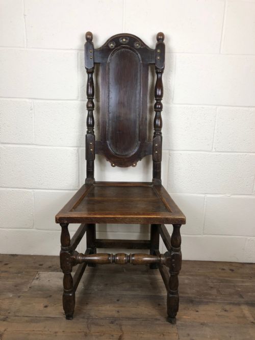 Antique Oak High Back Hall Chair with Brass Stud Detail