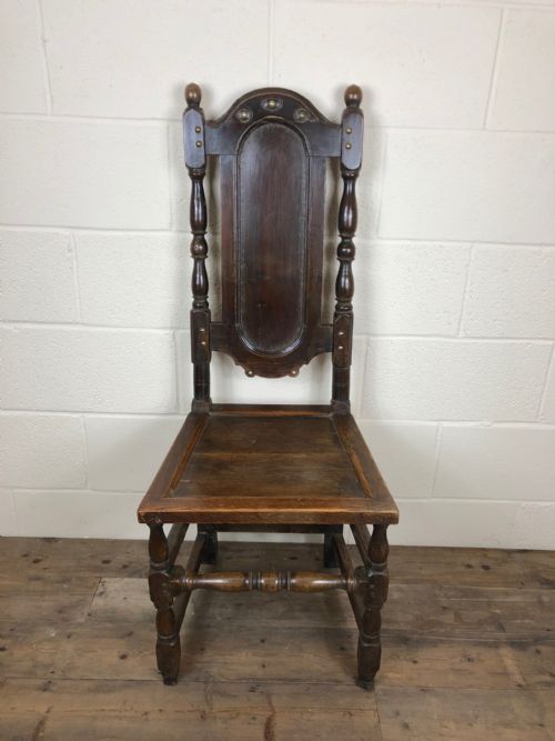 fig 1. Antique Oak High Back Hall Chair with Brass Stud Detail