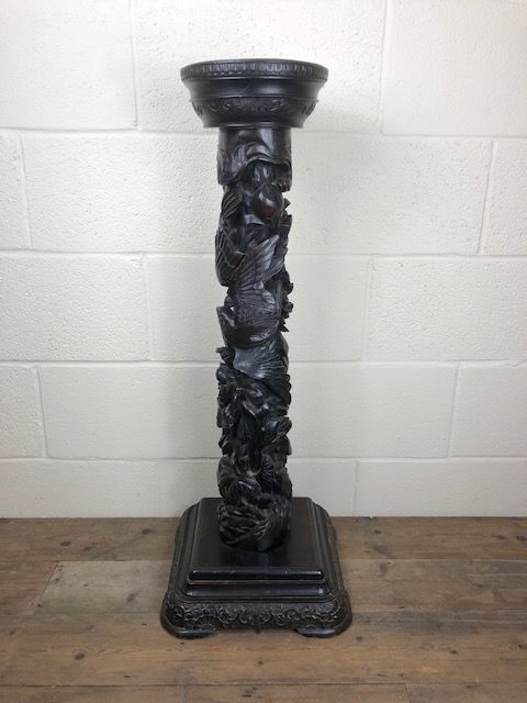 Heavily Carved Torchere Stand on Square Base