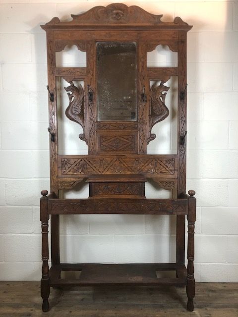 Antique Carved Oak Gothic Style Hat and Coat Hall Stand
