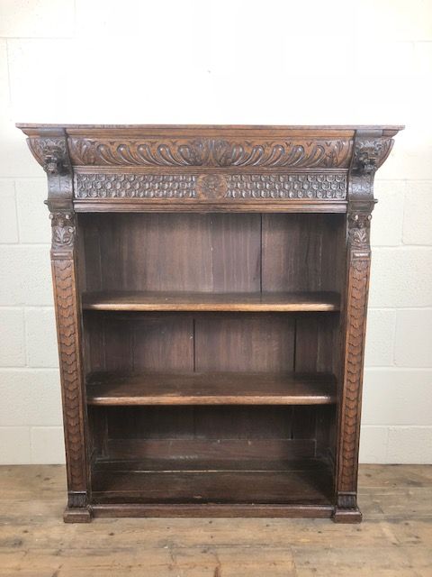 Victorian Carved Oak Gothic Style Open Bookcase