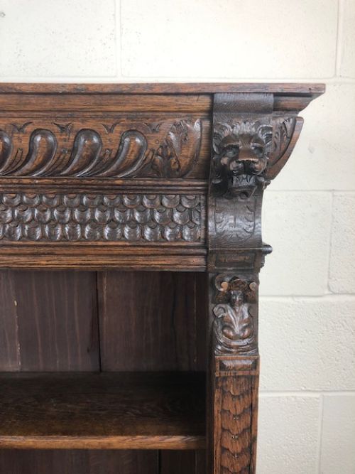fig 1. Victorian Carved Oak Gothic Style Open Bookcase