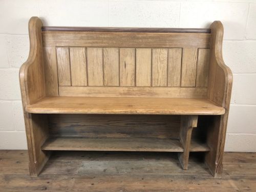 4ft Stripped Pitch Pine Chapel Pew with Blue Enamel Numbers