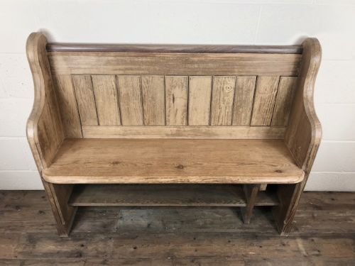 fig 1. 4ft Stripped Pitch Pine Chapel Pew with Blue Enamel Numbers