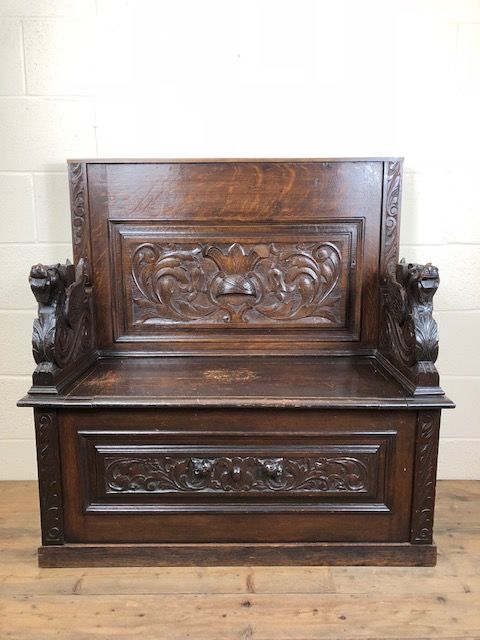 Victorian Carved Oak Gothic Style Settle