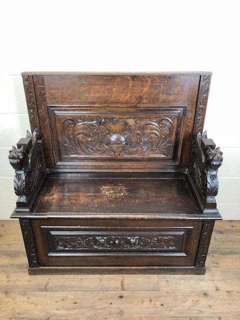 fig 1. Victorian Carved Oak Gothic Style Settle