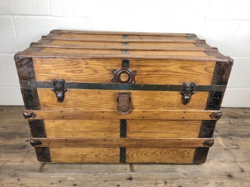 fig 1. Late Victorian Pine Metal Bound Travel Trunk or Chest