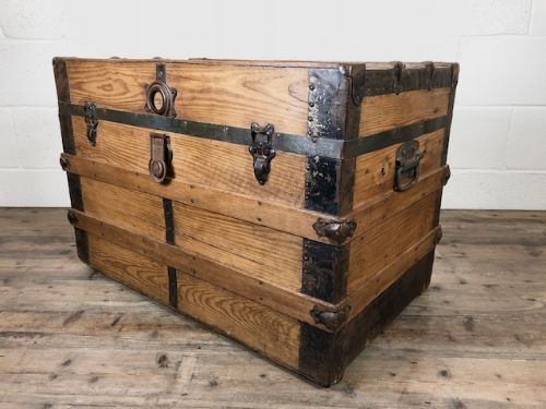 Late Victorian Pine Metal Bound Travel Trunk or Chest