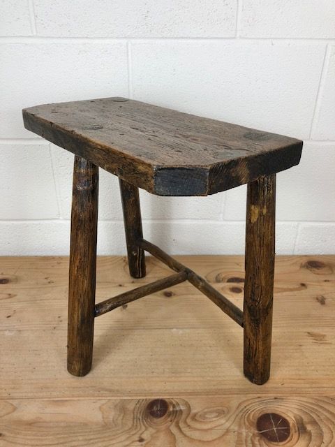 fig 1. Rustic Stained Pine Three Leg Stool
