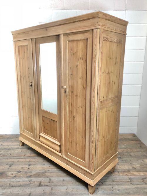 Antique Flat Pack Pine Triple Wardrobe with Mirror