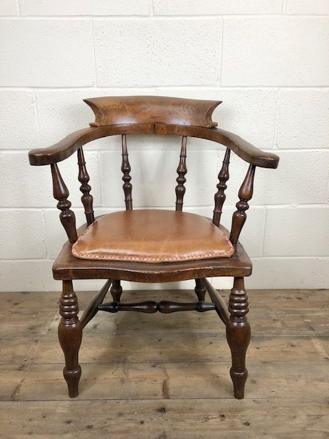 19th Century Ash and Elm Smoker’s Bow Chair or Captain’s Elbow Chair with Leather Seat