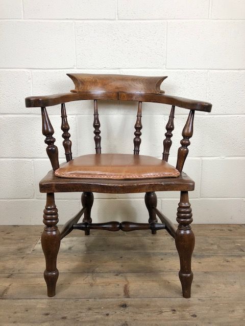 fig 1. 19th Century Ash and Elm Smoker’s Bow Chair or Captain’s Elbow Chair with Leather Seat