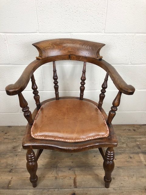 fig 2. 19th Century Ash and Elm Smoker’s Bow Chair or Captain’s Elbow Chair with Leather Seat