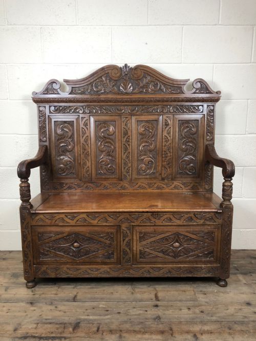 19th Century Carved Oak Settle Monks Bench with Storage