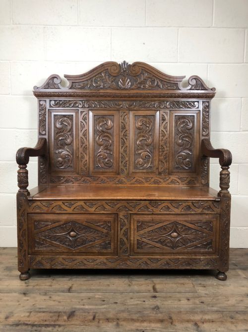 fig 1. 19th Century Carved Oak Settle Monks Bench with Storage