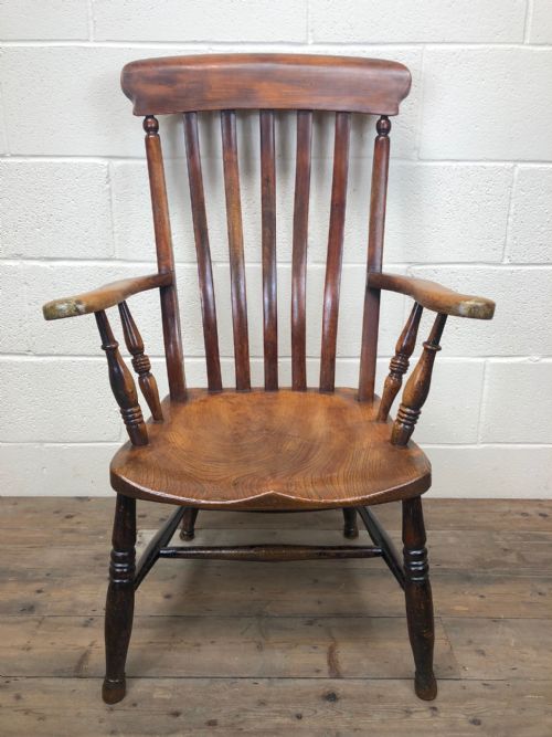 19th Century Ash and Elm Lathe Back Fireside Armchair