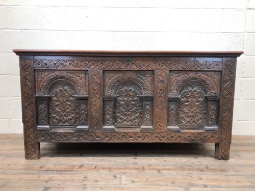 Large and Impressive 17th Century Carved Oak Coffer Chest