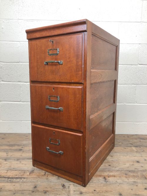 Antique Early 20th Century Three Drawer Filing Cabinet with Key