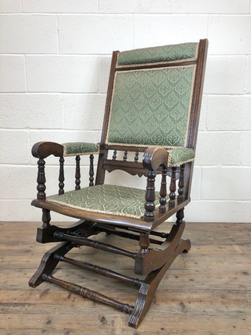Antique American Rocking Chair with Green Upholstery