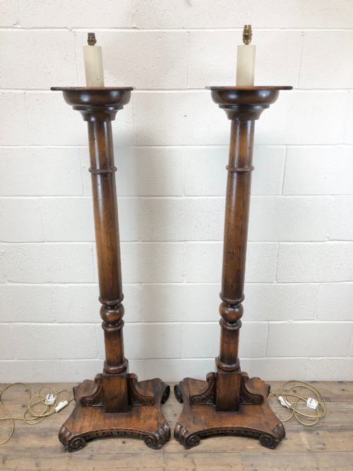 Pair of Early 20th Century Turned Oak Pillar Standard Lamps