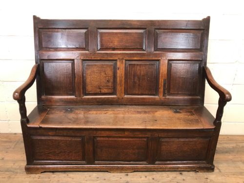 Large Antique 18th Century Oak Panel Back Settle