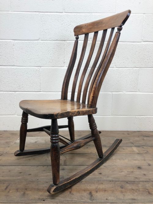 Antique 19th Century Ash and Elm Slat Back Country Rocking Chair