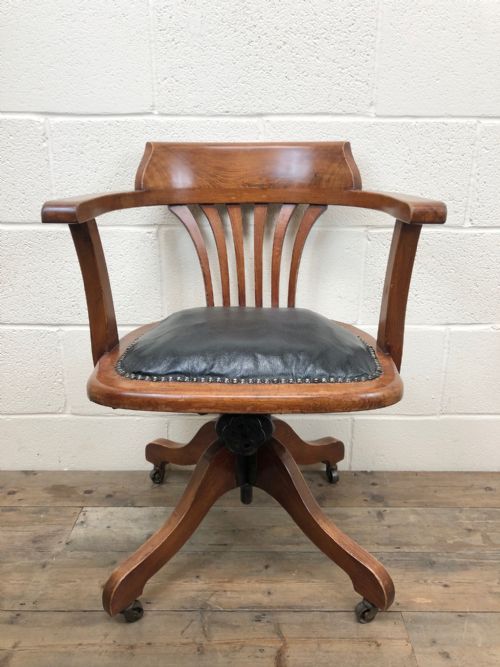 Antique Early 20th Century Captain’s Swivel Desk Chair with Leather Seat