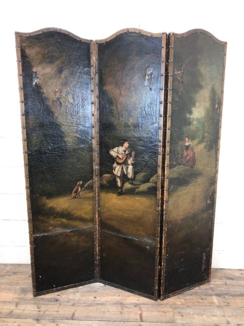 Antique Victorian Hand Painted Leather Screen