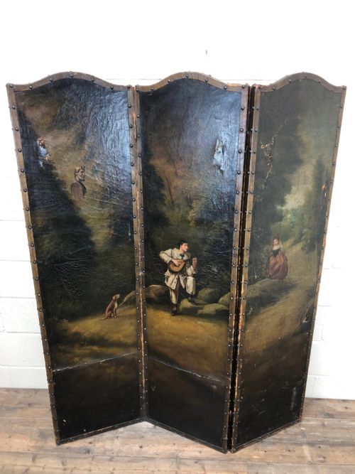fig 1. Antique Victorian Hand Painted Leather Screen