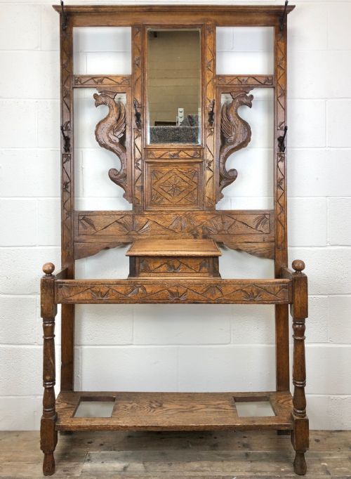 fig 1. Antique Victorian Carved Oak Hat and Coat Hall Stand
