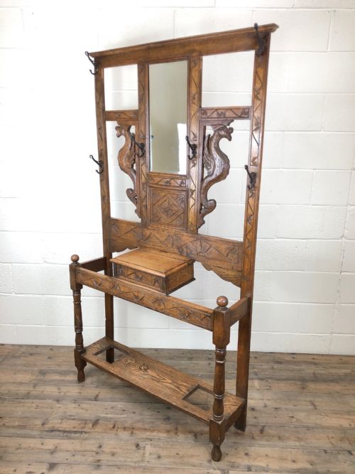 Antique Victorian Carved Oak Hat and Coat Hall Stand