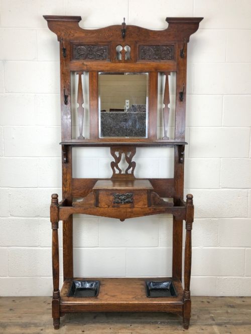 Antique Art Nouveau Oak Hat and Coat Hall Stand
