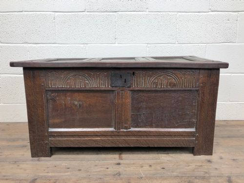 18th Century Oak Coffer Chest with Decorative Carved Front