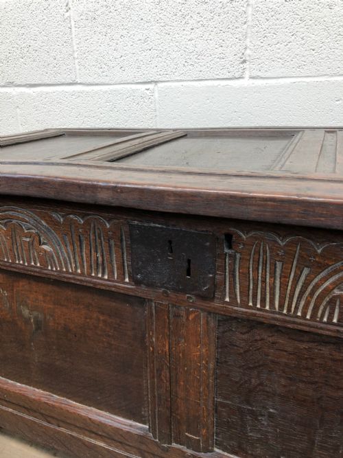fig 1. 18th Century Oak Coffer Chest with Decorative Carved Front