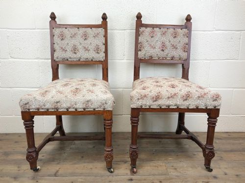 Pair of Gothic Oak Chairs with Floral Upholstery