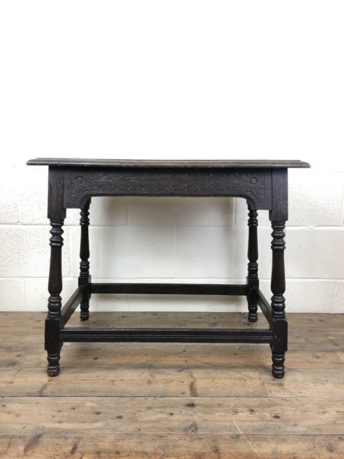Antique Carved Oak Side Table with Turned Legs
