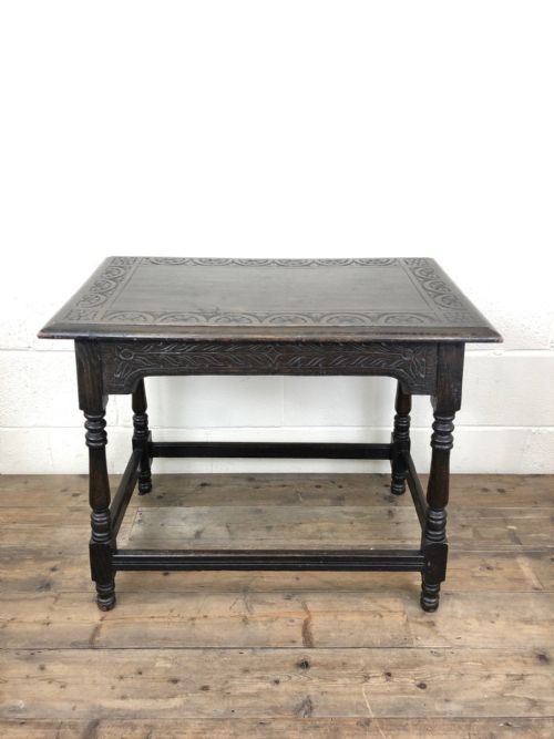 fig 1. Antique Carved Oak Side Table with Turned Legs