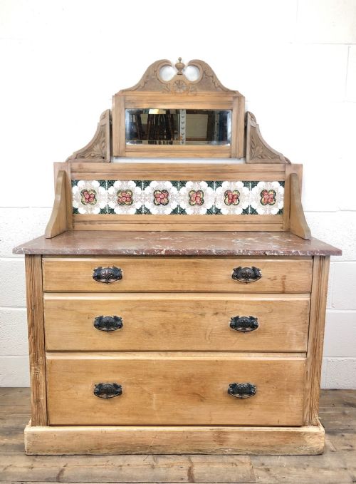 Antique Pine Washstand with Marble Top and Tiled Back