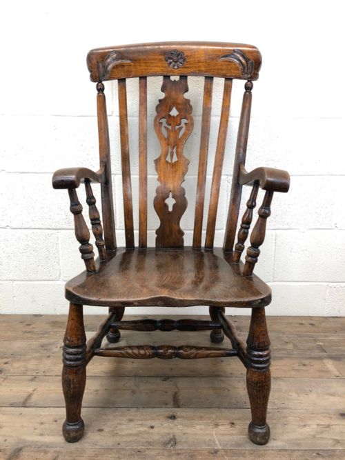 Victorian Beech and Elm Windsor Armchair with Carved Detail