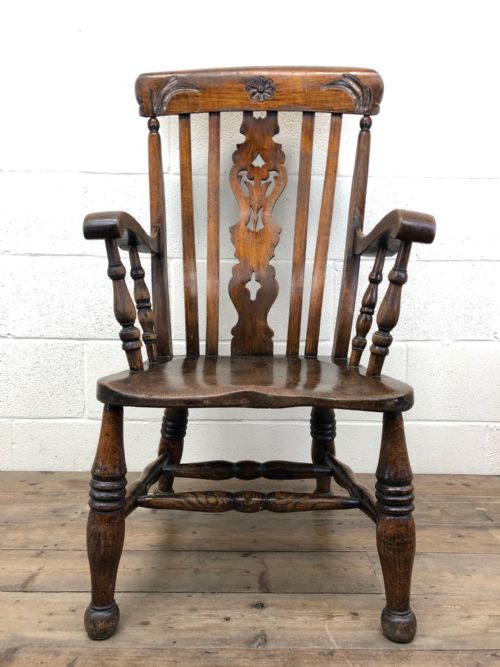 fig 1. Victorian Beech and Elm Windsor Armchair with Carved Detail