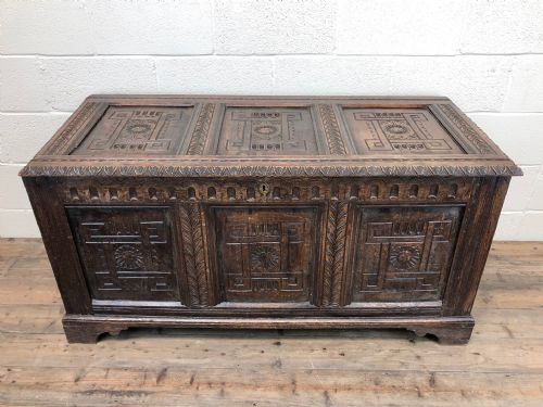 fig 1. Antique 18th Century Large Carved Oak Coffer